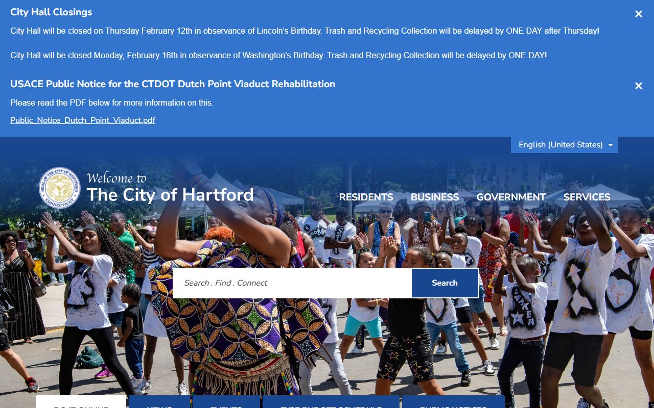 Hartford municipal website for Hartford residents directory searches