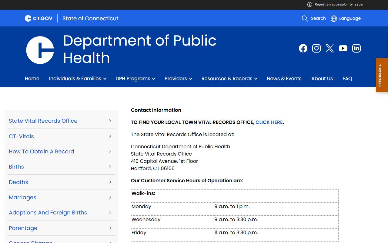 Connecticut vital records office contact for residents directory