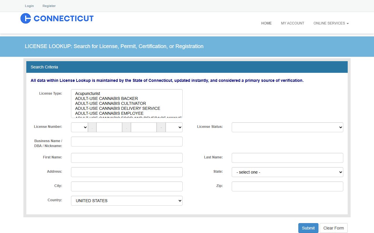 Connecticut eLicense professional license lookup for residents directory