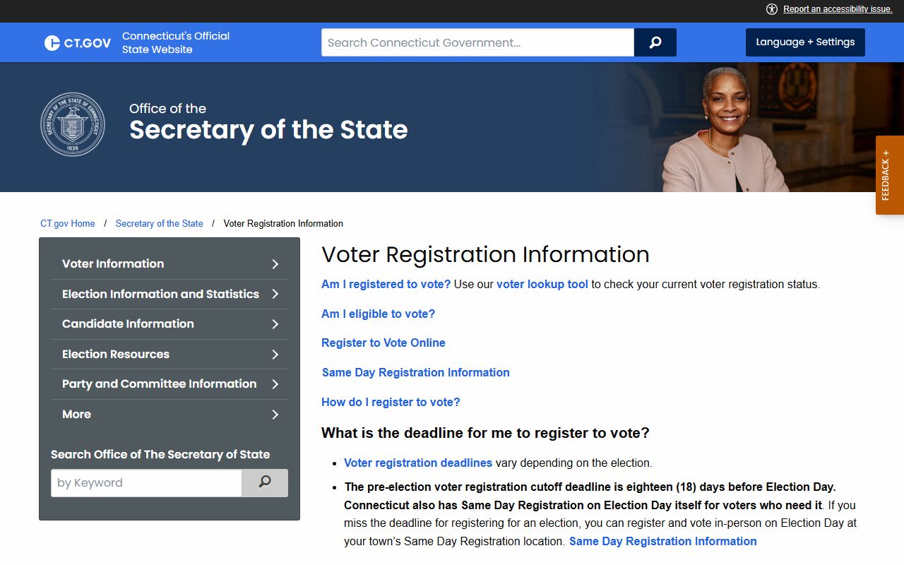 Connecticut voter registration information page for residents directory
